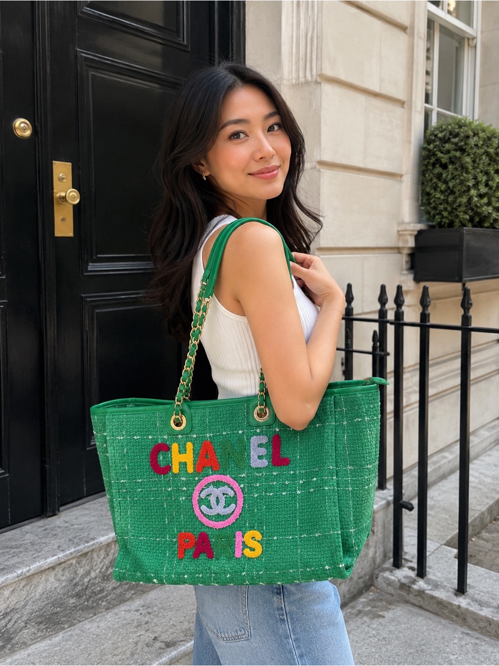 Green Tweed Multicolor Logo Tote With Gold Chain Handles